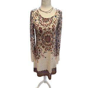 Xhileration Cream Floral Boho Crochet Long Trumpet Sleeve Short Shift Dress